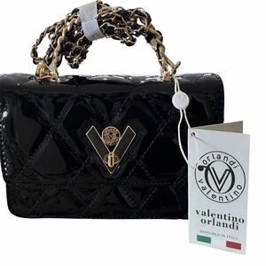 Valentino Orlandi Black Quilted Patent Leather Crossbody Bag Gold Chain Designer